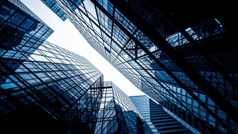 low angle view of skyscrapers in city of China.